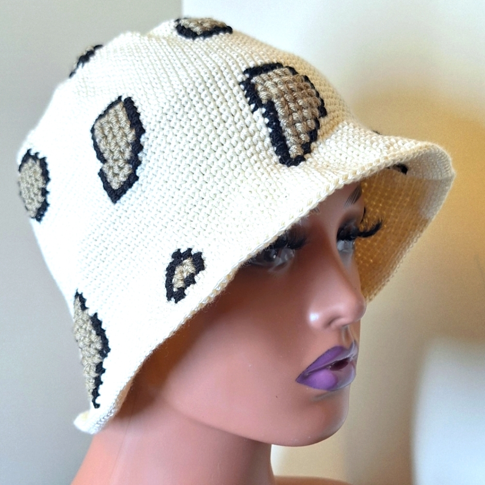 Handmade Crochet Leopard Print Bucket Hat Cream Tan OOAK